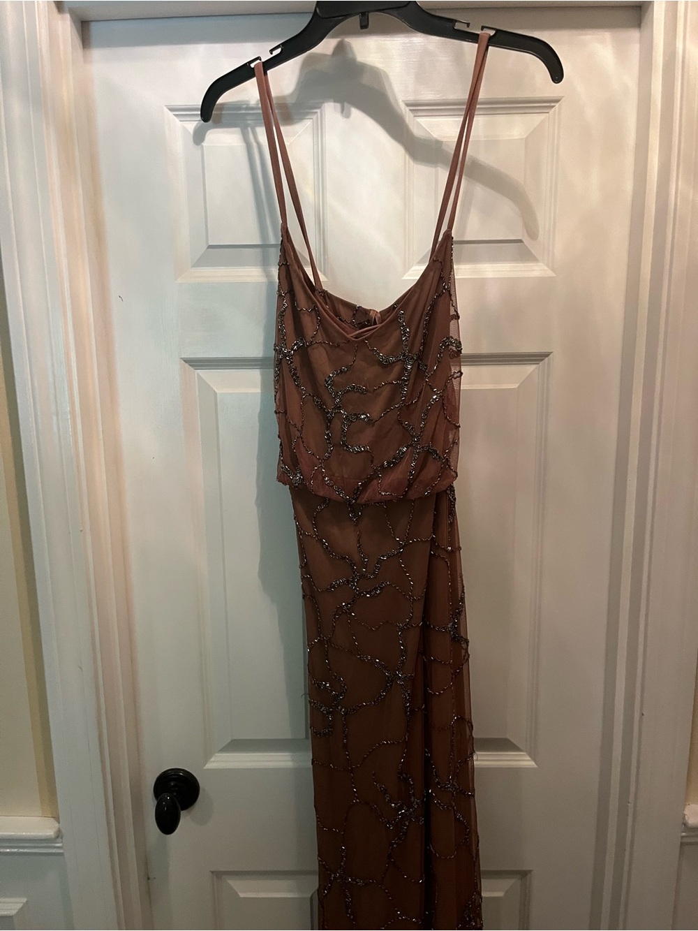 Beaded Spaghetti-Strap Brown Evening Dress
